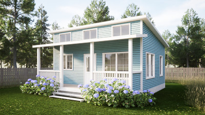 Cottage Tiny House Plan & Wood Cabin 3D images with PDF Blueprint