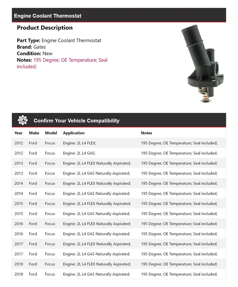 Para Ford Focus 2012-2018 Motor Refrigerante Termostato Puertas 2013 2014 2015 2016 Foto 2 de 4