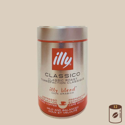 illy gemahlen CLASSICO - klassische Röstung für Espresso 12 Dosen je 250g