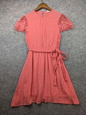 Anthropologie Mine Dress Womens Medium Pink Coral Lace Sleeve Tie Belt Fit Flare