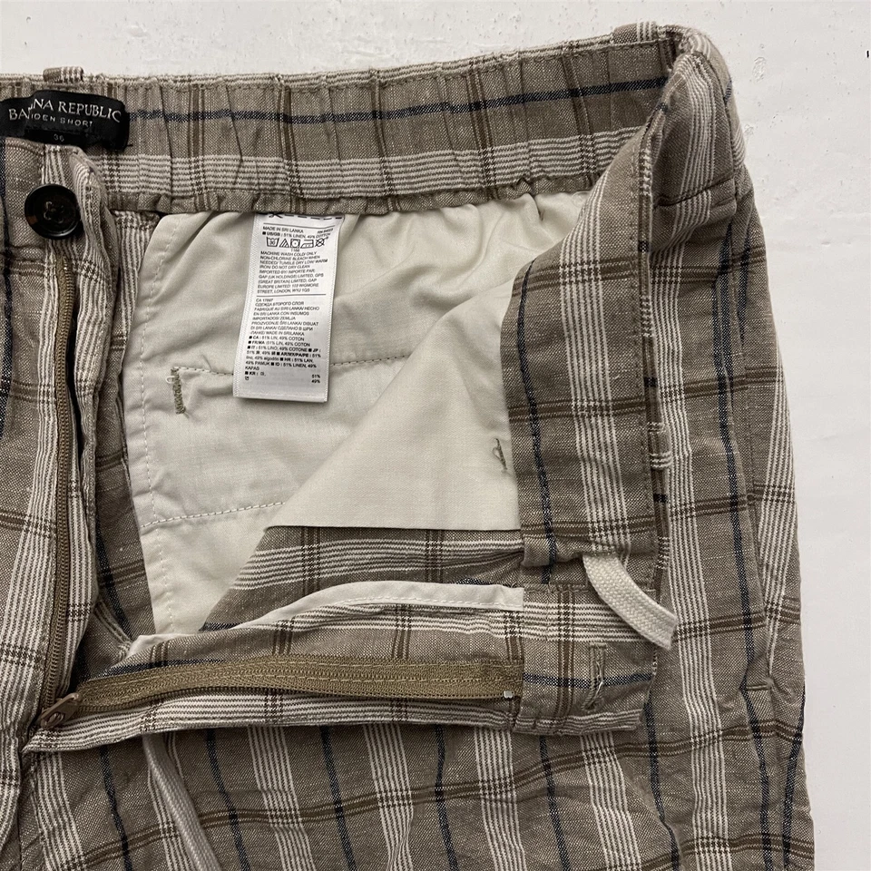 Pantalones Cortos Banana Republic 36 x 9" Aiden Marrón A Cuadros Mezcla de Lino Claro con Cordón Foto 2 de 4