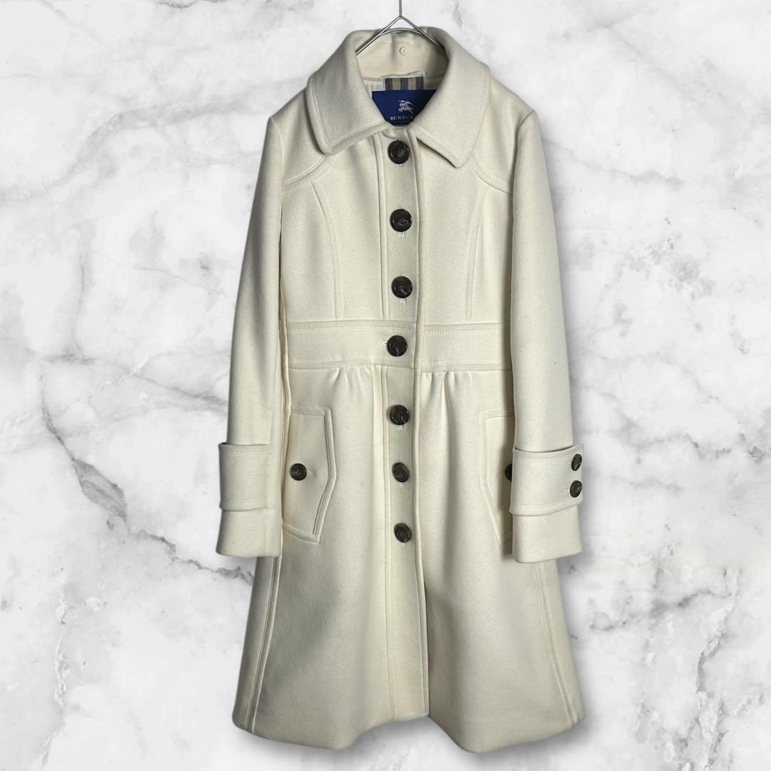 BURBERRY BLUE LABEL ウールコート 38 Burberry Blue Label Stand Collar Coat Checked Belt White