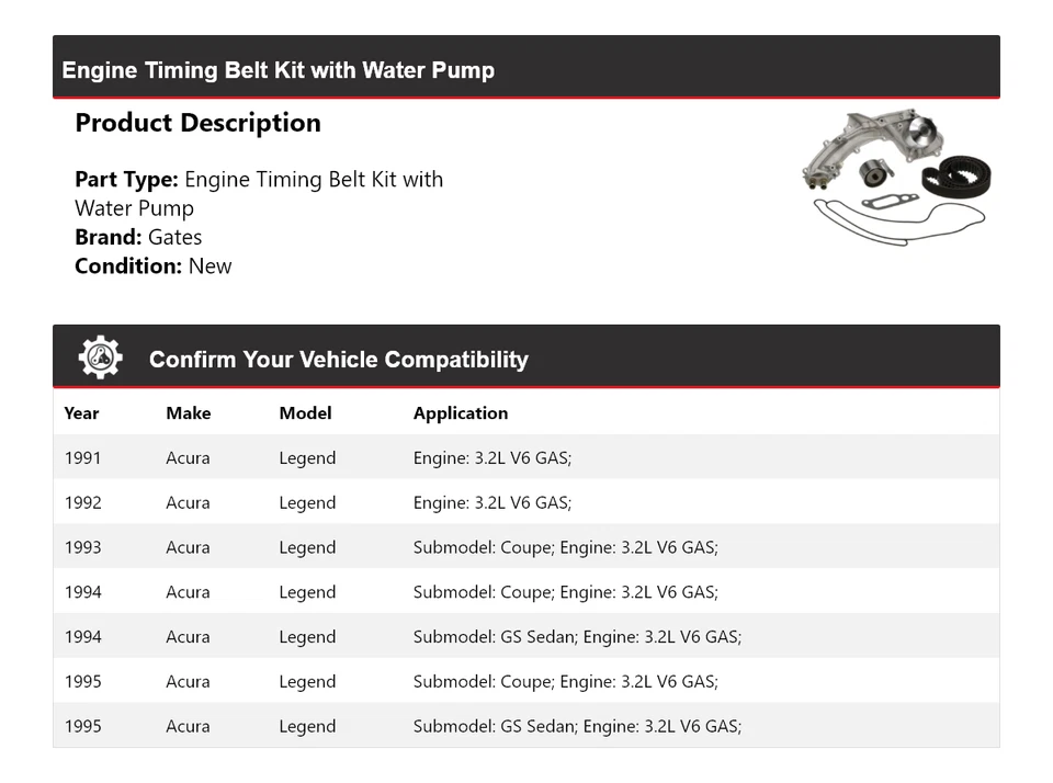 Kit de correa de distribución de motor Acura Legend 1991-1995 con puertas de bomba de agua 1992 Foto 2 de 4