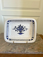 Ancien Plat Céramique  Poterie Bavent Décor Main Fleurs Blanc Bleu 24x18cm