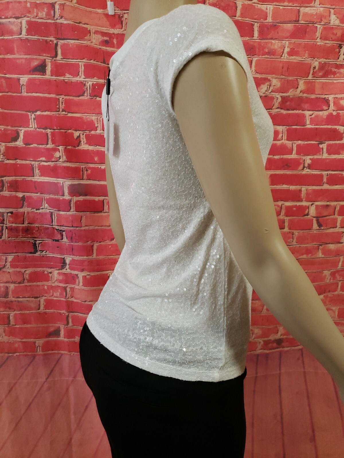 Calvin Klein White Short Sleeve Sequined Stretch Women's Top Blouse XS NWT #C thumbnail 6
