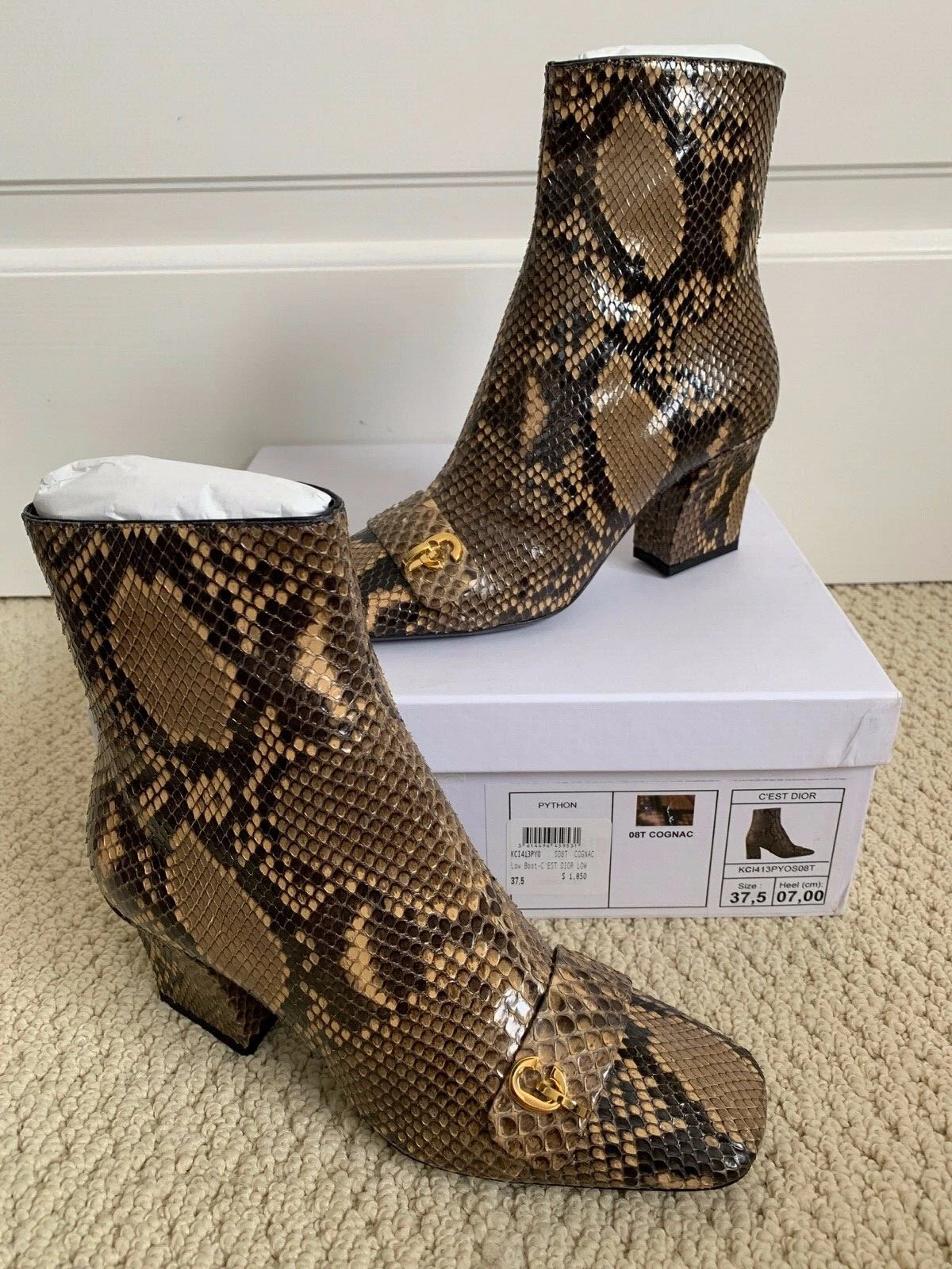 Bottes cheville logo Christian Dior C'Est Dior cognac python 37,5 7, 1850 neuves dans leur boîte