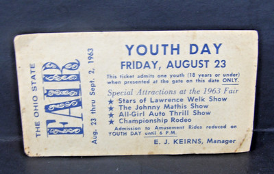 RARE vintage 1963 OHIO STATE FAIR YOUTH DAY admission ticket LAWRENCE WELK STARS