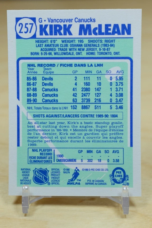 1990-91 O-Pee-Chee OPC Base #257 Kirk McLean - Vancouver Canucks - Image 2 of 2