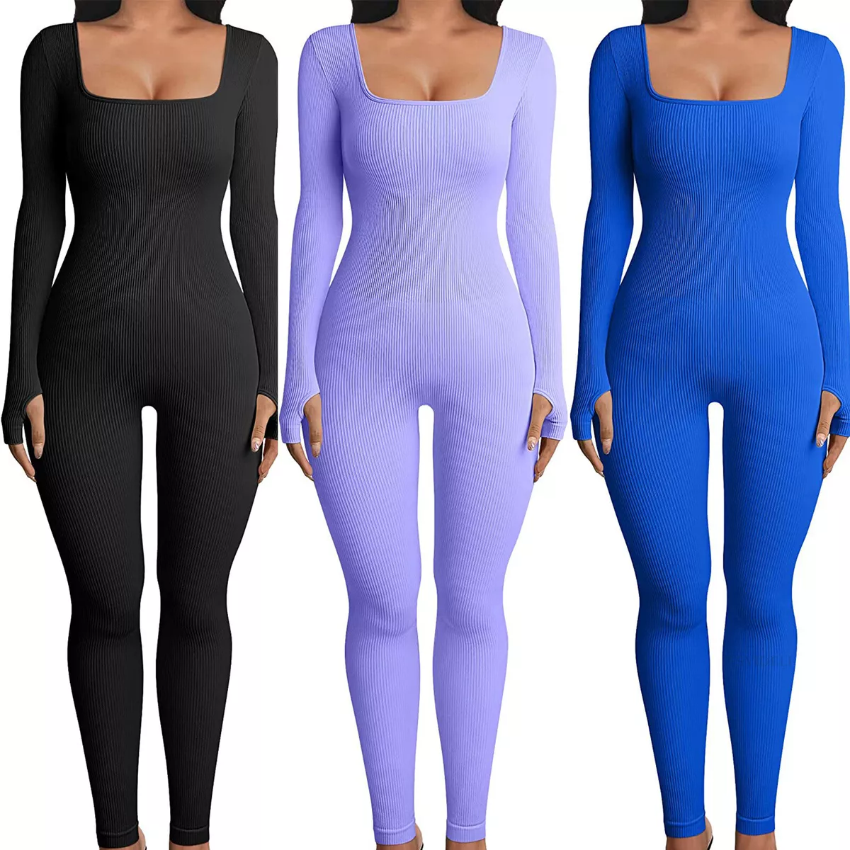 Women One Piece Square Neck Unitard Outfits Bodysuit Long Sleeve Full  Jumpsuits