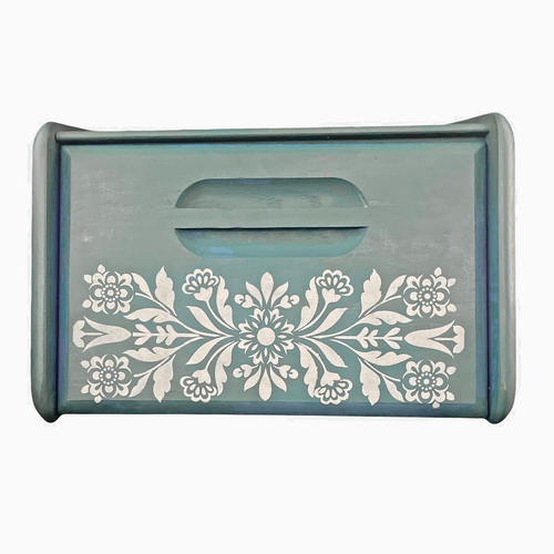 Upcycled Handpainted Wood (Oak) Blue Green Bread Box Folk Art Country