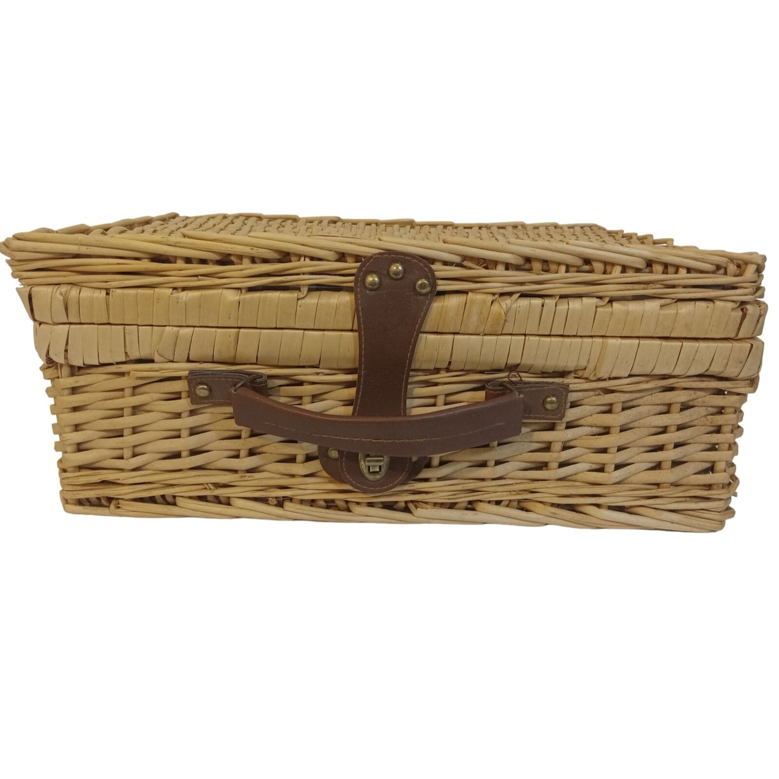 Wicker Picnic Basket 20 Pc Dish Set Portable Inside Blue White Lining 18x12x7.5