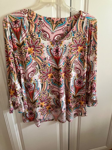 Allison Daley NEW Top Tunic Women PXL 3/4 long butterfly sleeves multicolored.