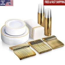 350 Piece Disposable Party Dinnerware Set Plastic Gold Silverware Napkins New