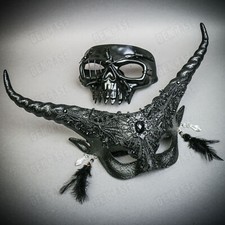Black Pirate Skull Half Face w/ Long Horns Elegant Devil Eye Black Couple Mask