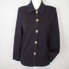 St John Basics Cardigan Jacket Santana Knit Gold Crest Buttons Black sz 6