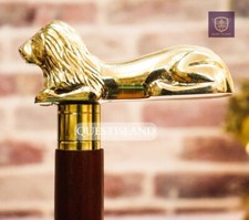 Walking Stick Lion Statue Handle Brass Wooden Victorian Foldable Cane Collectibl