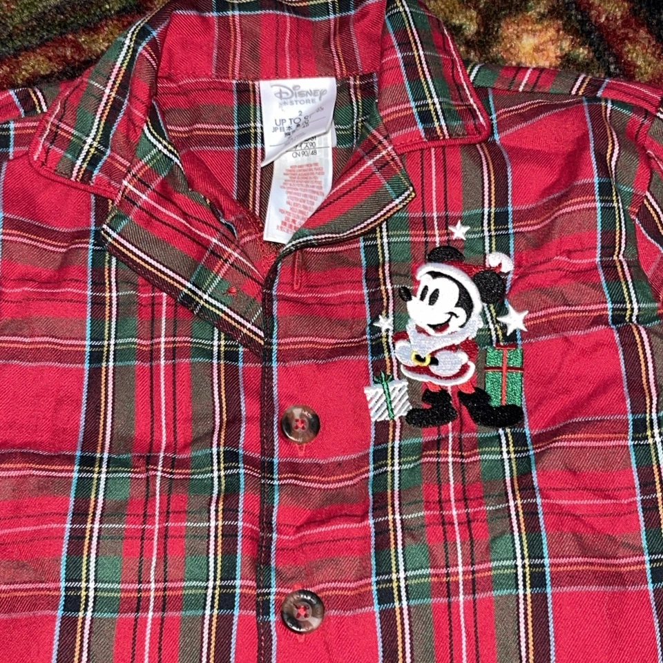 VTG Disney Store Mickey Santa Christmas Red Plaid Flannel Pajama Set 2T - Image 3 of 4