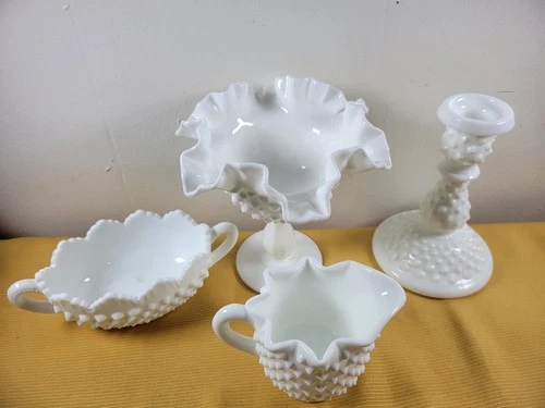 Vintage Fenton Hobnail White Milk Glass Crimped Candle Holder Lot