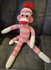 Schylling Sock Monkey Red Pink White Stripe With Hat Plush Stuffed Animal 22"