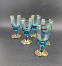 Vtg Bohemia Crystal Cordial Tasting Glasses Cobalt Blue With Gold Base & Trim