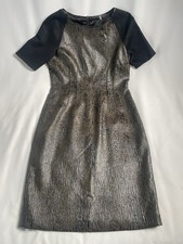 Elie Tahari Metallic Jacquard Leather Trim Wool Sleeve Dress – Size 12