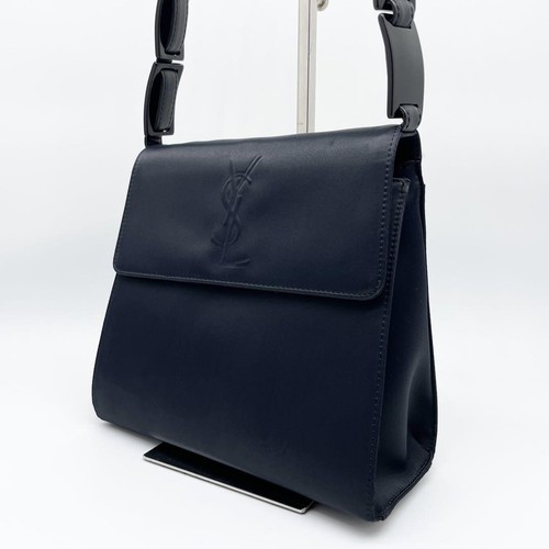 Borsa a tracolla Yves Saint Laurent YSL logo in rilievo nylon pelle blu navy