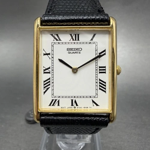 Seiko Tank Watch Men 26mm White Dial Gold Tone Rectangle 5Y30-5060 New Battery J