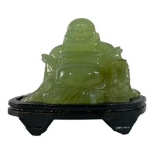 Vintage Jade Smiling Buddha Hand Carved Statue W/Wood Base