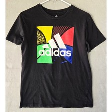 Adidas Boys Black Graphic Logo T-Shirt Multi Color Size L 14/16 Soccer Football