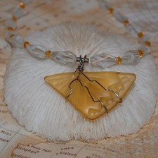 Wire Wrapped Light Amber Yellow Faux Sea Glass Necklace 19" Beaded Jewelry