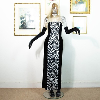 Vintage 90er Schwarz Samt Abendkleid | Zebra Panel Trägerlos Schulterfrei 8
