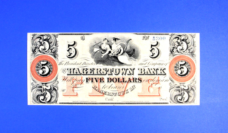 1850s-60s $5 Hagerstown Bank Maryland Obsolete Excellent Gem Unc