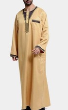 Handmade Men's Beige/Black Kaftan Thobe Polyester Satin Embroidered