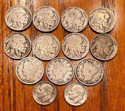 LOT of THIRTEEN (13) Old U.S. Coins: Buffalo Nickels/VNickels/Roosevelt Dimes