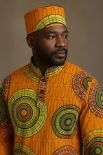 Dashiki and Kufi set for men African Fabric Orange Green and Black 100% Cotton