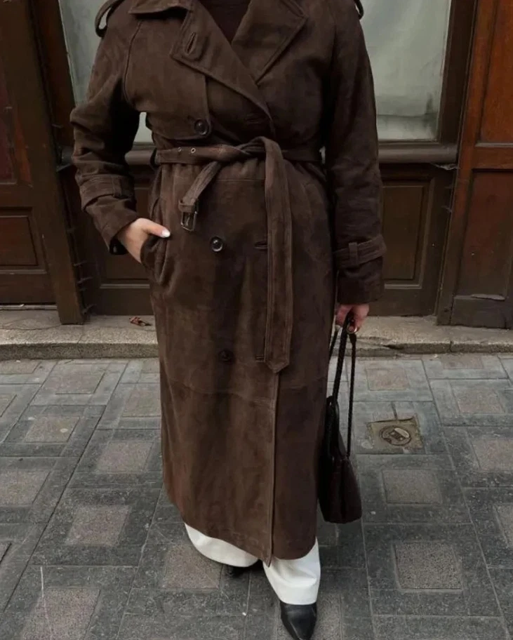 Женщин коричневый замши длинное пальто двубортный Fallout кроличьего Тренч - Изображение 2 из 4