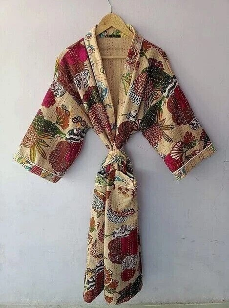 Kimono Kantha indio hecho a mano ropa de dormir larga vestido chaqueta de invierno cárdigan vestido Foto 4 de 4