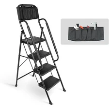 4 Step Ladder+Handrails & Attachable Tool Bag, Folding Step Stool Ladder 330 lbs