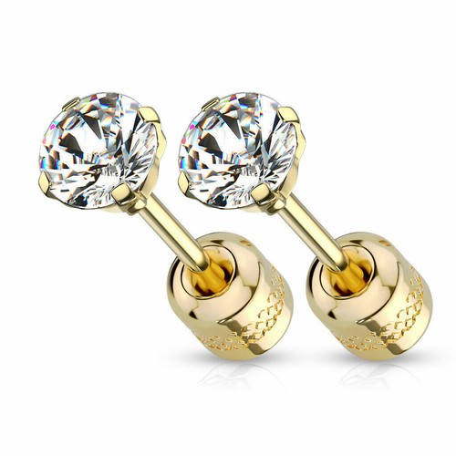 PAIR Prong Set CZ Stud Earrings with Gem Centered Screw Back Surgical Steel PE30 - Picture 22 of 57