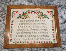 Serenity Prayer Cross Stitch / Framed Finished Piece 18x14 Flowers Birds