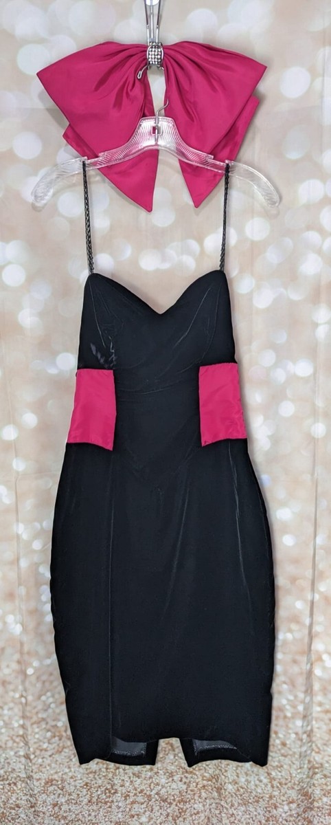black velvet dress with pink bow Saloni London