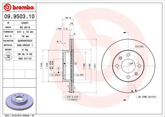 2X Brembo 09.9503.10 Bremsscheibe FüR Hyundai KIA-image