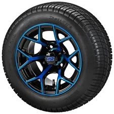 (4) Golf Cart 215/50-12 Deli Street Tires on 12x7 Black/Blue Ninja Wheels