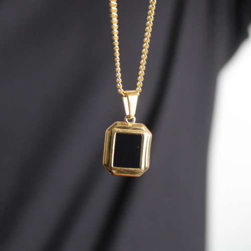 Gold Onyx Pendant Chain Necklace Stainless Steel Black Gemstone Pendant - Picture 5 of 7