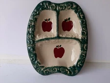 Vintage Green Stoneware Apple Sponeware 3-Part Divided Relish Tray