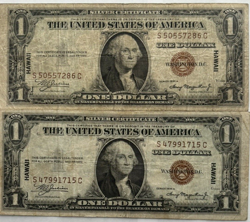 1935A $1 Silver Certificates Brown Seal S50777286C & S47991715C Hawaii (2) #2364 - 第 1/6 張圖片