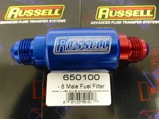 Russell 650100 Competition Fuel Filter  AN8 -8 8AN #8 Male Inlet Outlet Red Blue