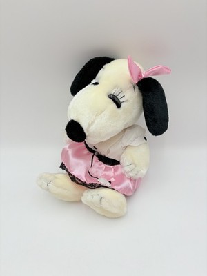Peanuts Snoopy Plush Belle Pink Dress VTG Stuffed Animal White
