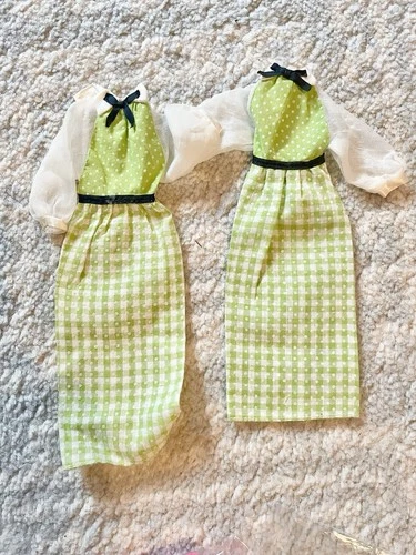 Vintage Barbie Green Gingham Check Peasant Dress Lot Of 2