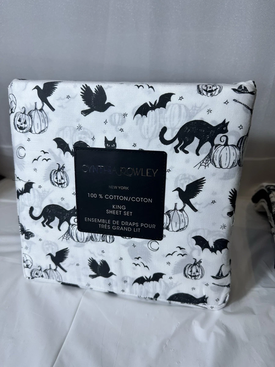 Juego de sábanas Cynthia Rowley Halloween algodón gatos embrujados fantasma calabaza toile KING